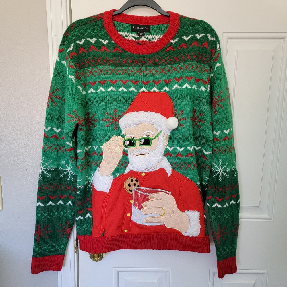 Blizzard Bay Ugly Christmas Holiday Sweater Side Eye Santa Red Green Size Men M